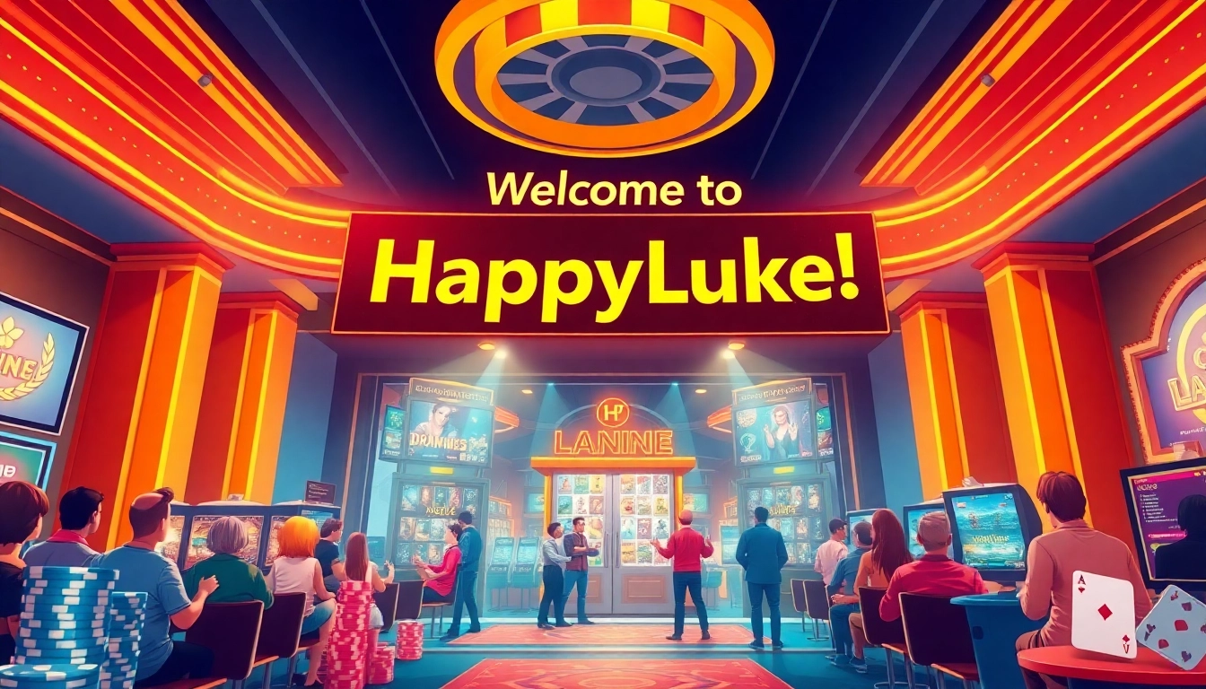 Experience the thrilling atmosphere of HappyLuke Casino with vibrant lights and exciting games.