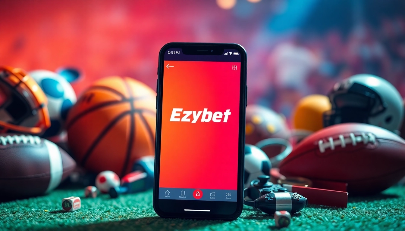 Catch the excitement with Ezybet, a mobile sports betting app surrounded by vibrant game paraphernalia.