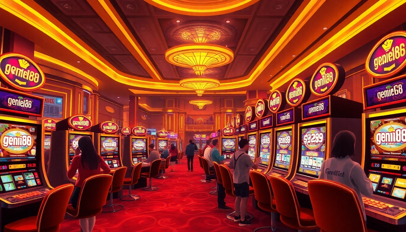 Experience the excitement of playing at genie168 with vibrant slot machines in a luxurious casino setting.