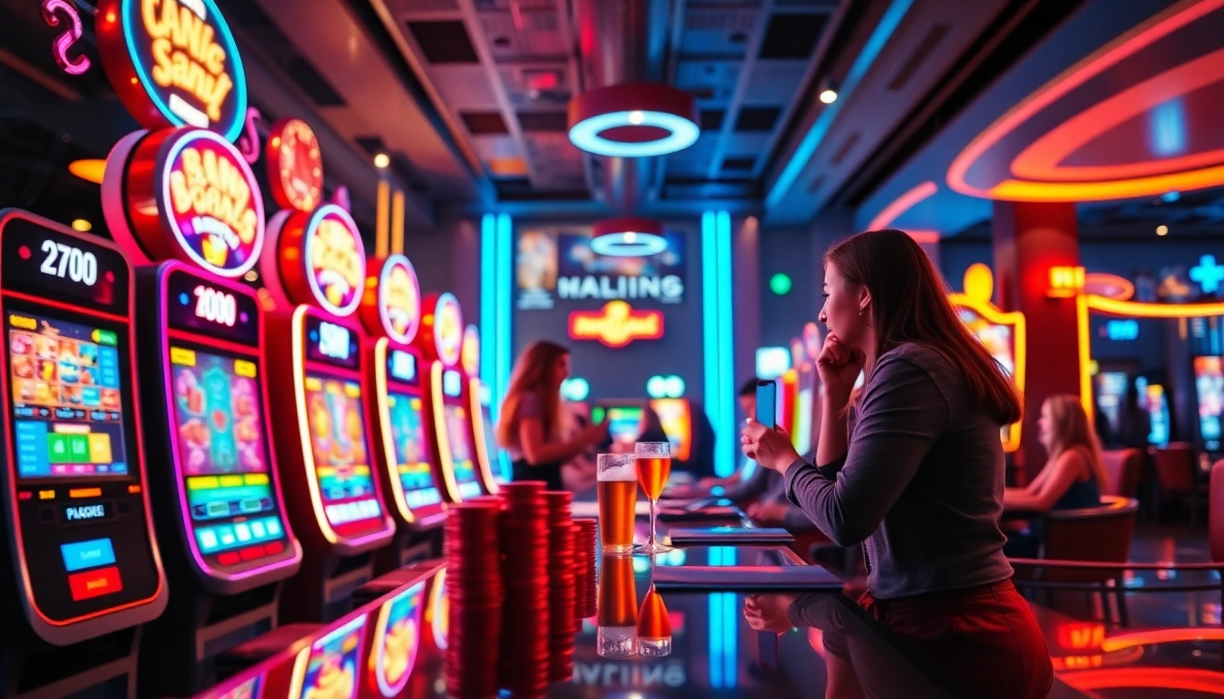 Experience the thrill of gaming with megac4 in a vibrant digital casino atmosphere, featuring bright machines and busy players.