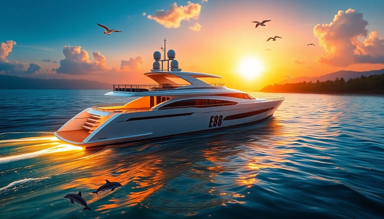 A luxurious yacht named marine88 sailing under a vibrant sunset, evoking serenity and adventure.