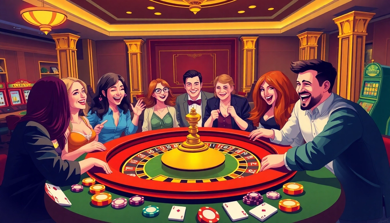 Experience the lively atmosphere of the happyluke casino with joyful players at a roulette table.