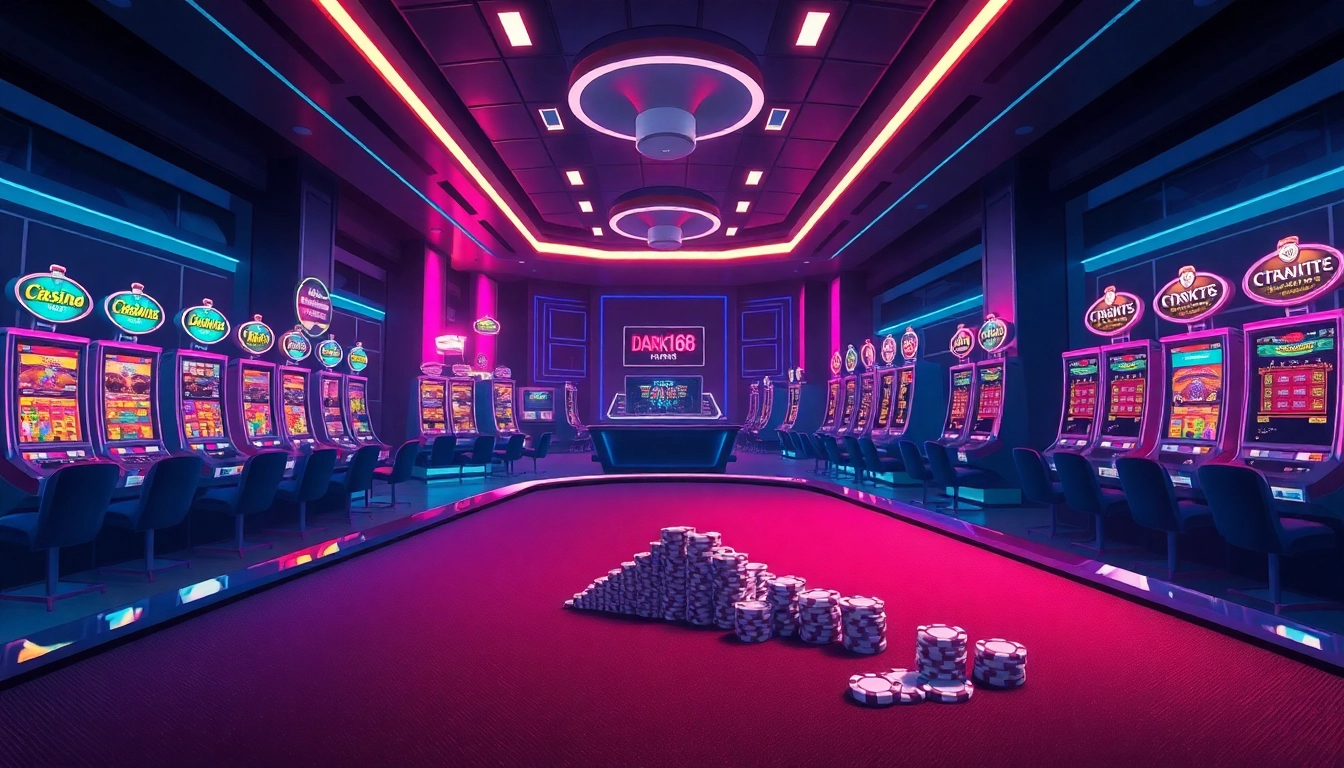 Experience the excitement of dark168 with a vibrant casino scene showcasing gaming tables and neon lights.