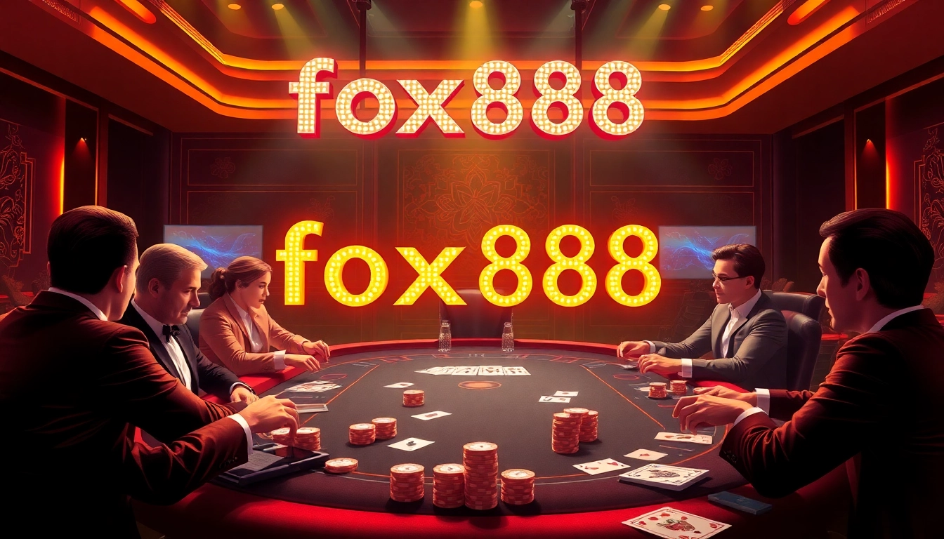 Experience the thrill of fox888 casino gaming with glamorous players and vibrant neon lights.