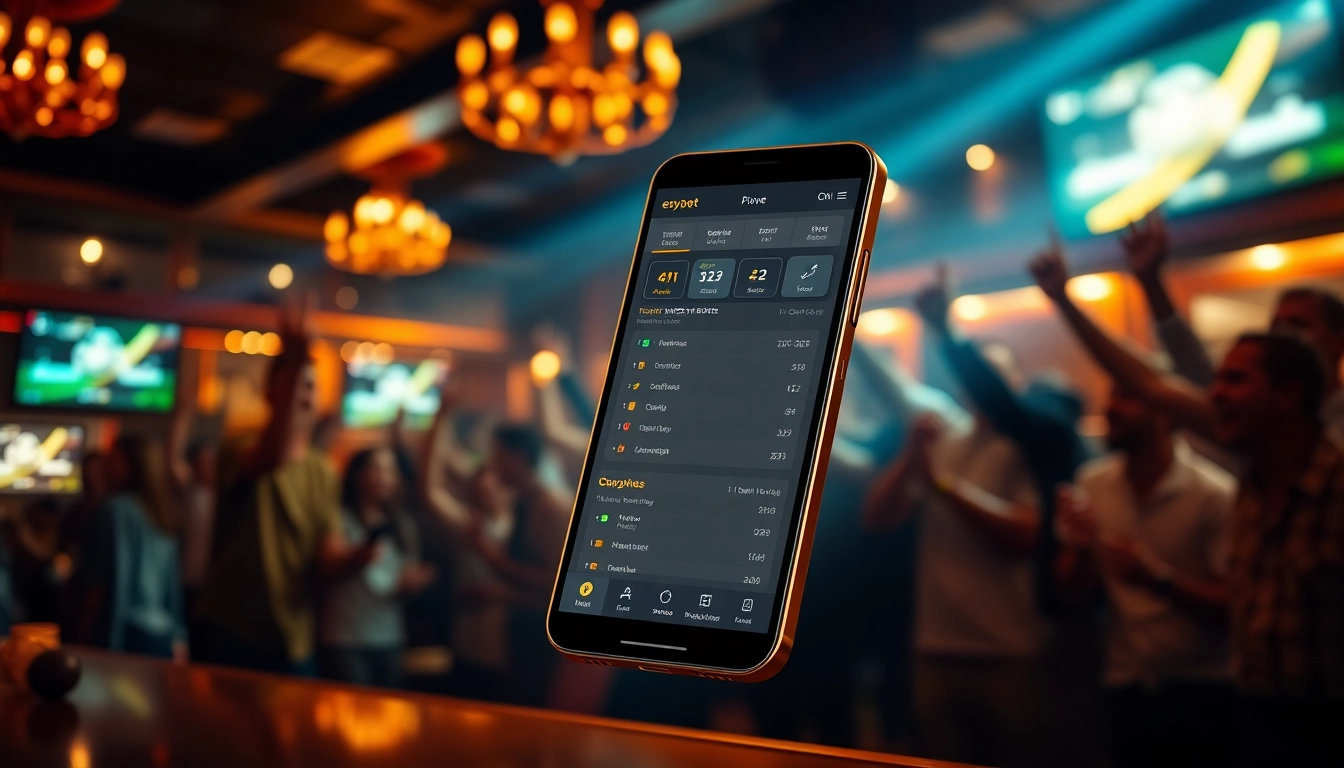 Explore ezybet's innovative betting app interface amidst a dynamic sports bar setting.