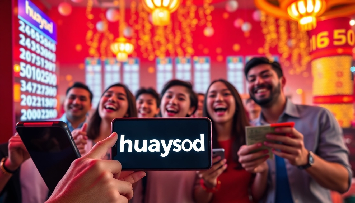 Join the excitement of huaysod lottery players celebrating their potential winnings.