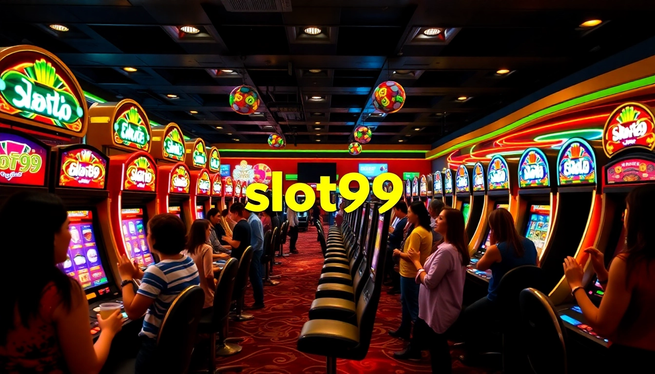 Experience excitement at slot99 with lively players engaging in vibrant slot machines in a luxurious casino.