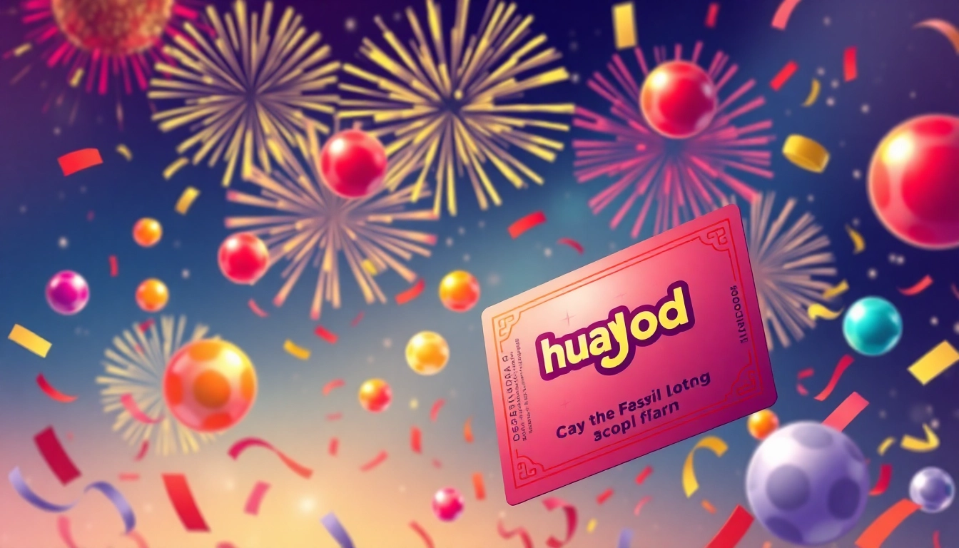 Feel the excitement of huaysod with colorful lottery balls and a festive confetti backdrop.