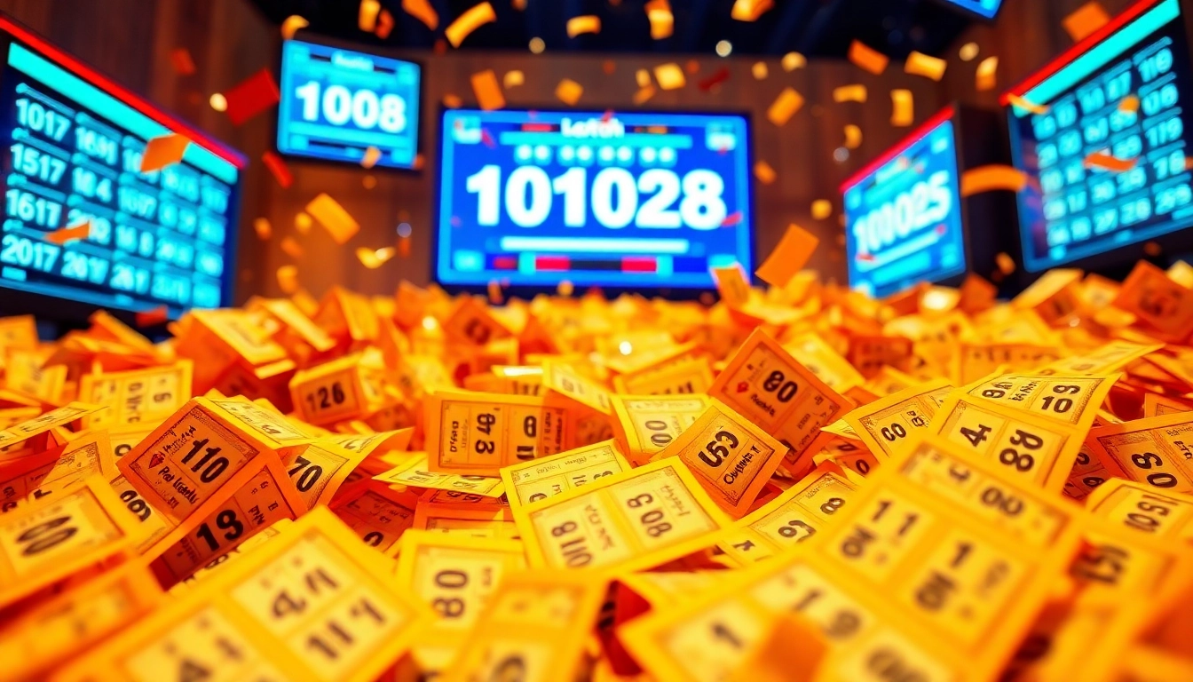 Experience the excitement of lottorich28 with colorful lottery tickets and celebrations in the background.