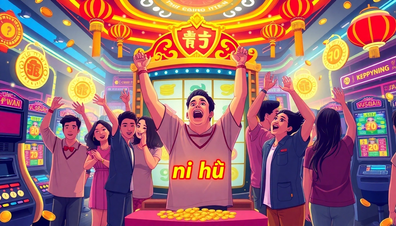 Nổ hũ slot machine scene filled with excitement, celebrating wins and vivid lights.