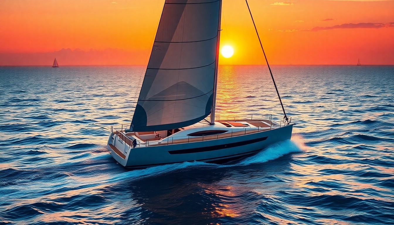 A J88 sailboat gliding seamlessly over vibrant waves during sunset.