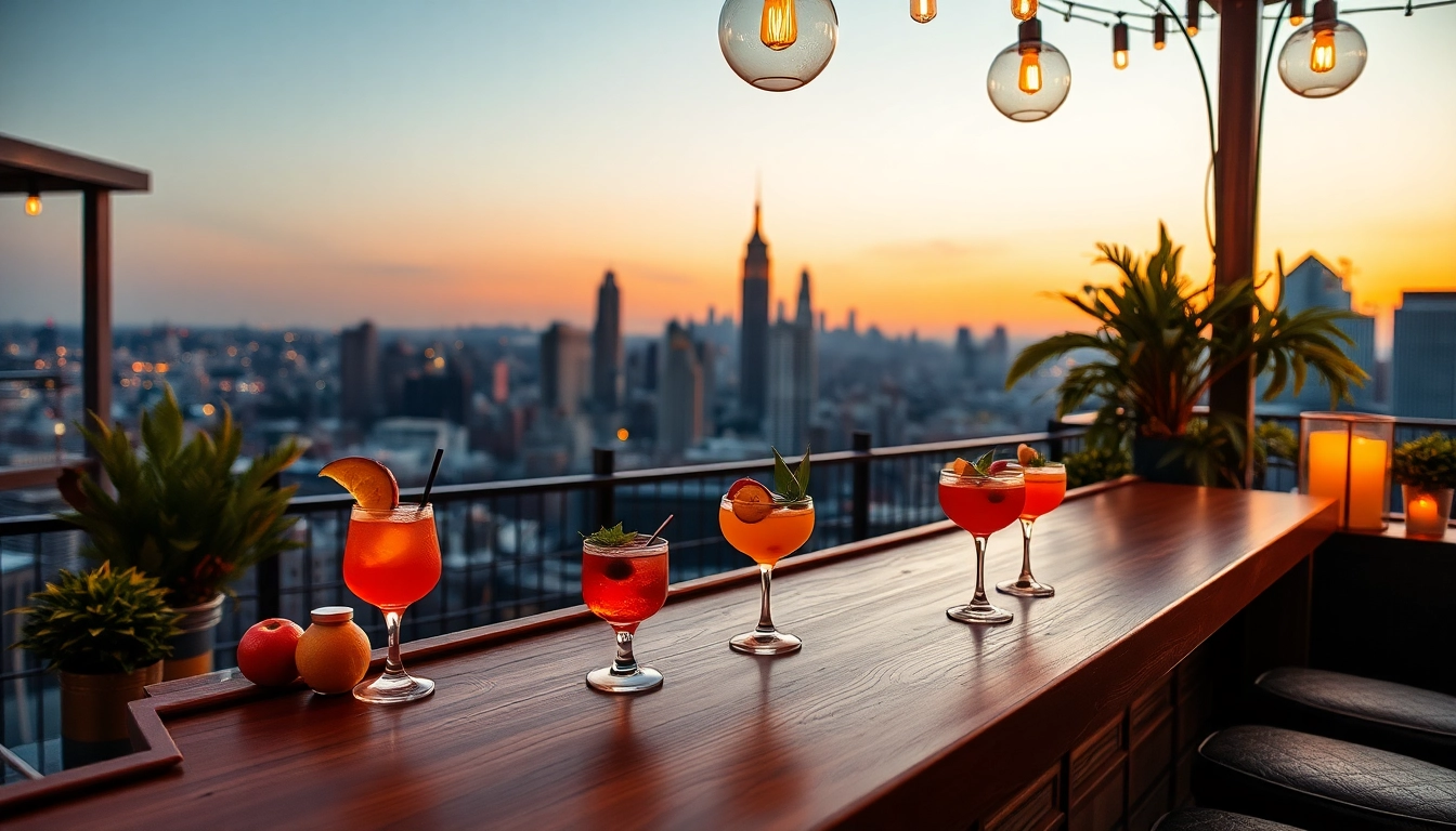 NoHu rooftop bar showcasing vibrant cocktails and Manhattan views.