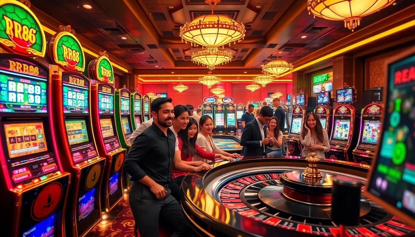 Experience the thrill of RR88 as players engage with dazzling casino games on a vibrant floor, embodying excitement.