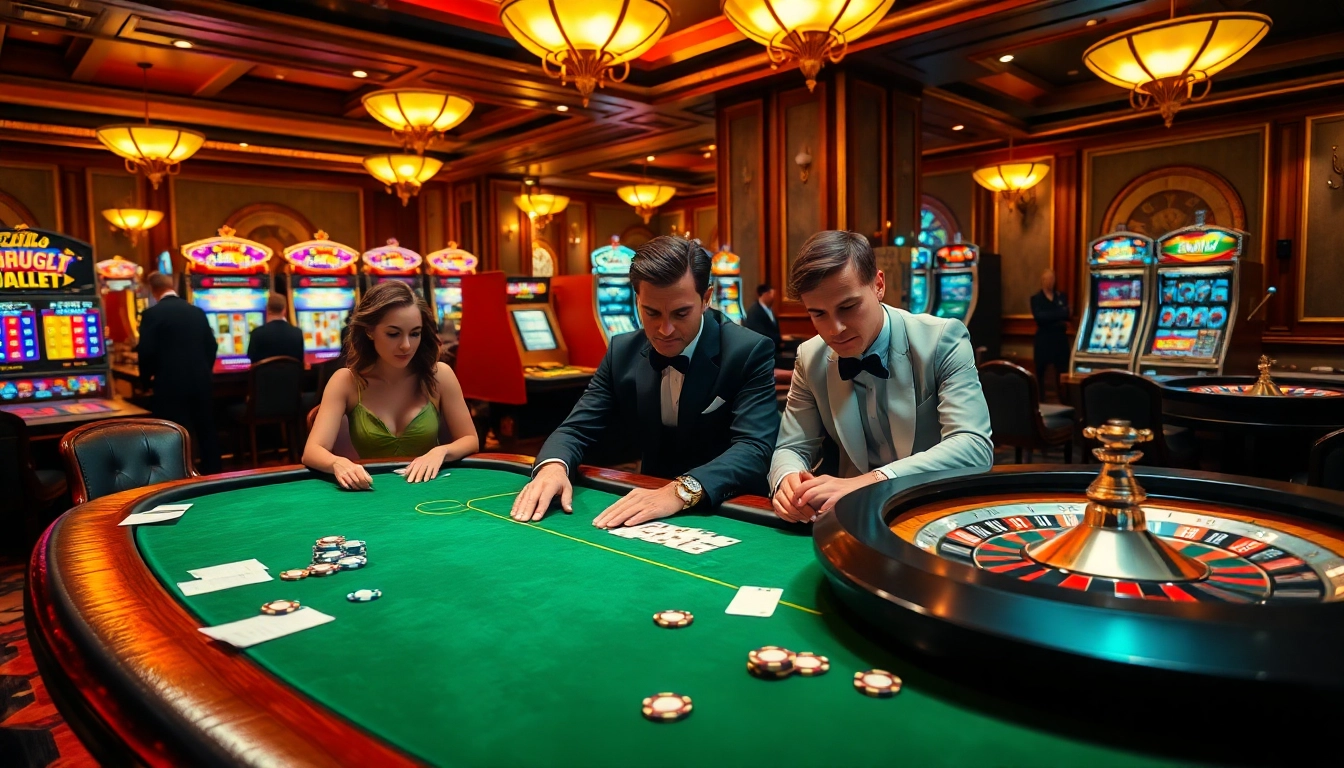 사이트 검증 at an upscale casino; players intensely strategizing at poker tables surrounded by colorful slot machines.