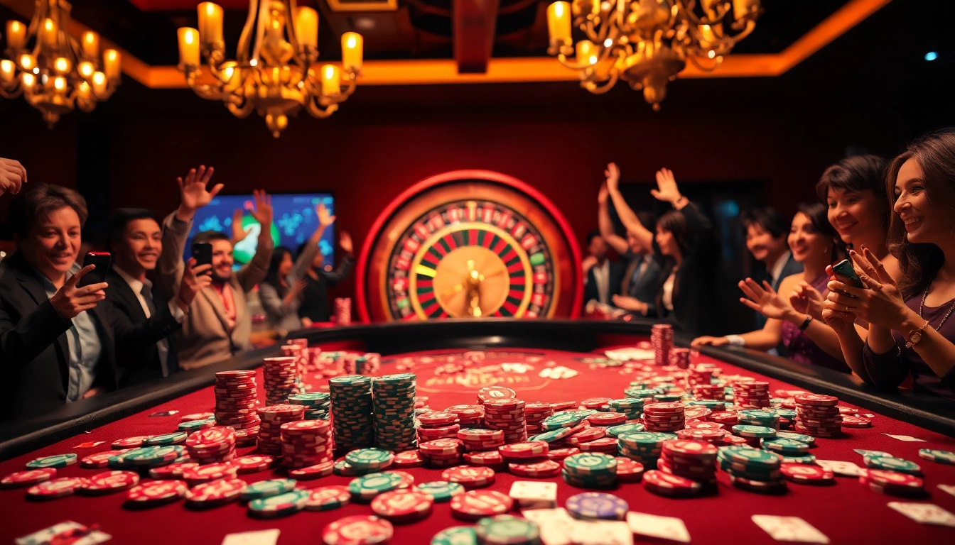 A vibrant casino scene featuring rr888 poker chips on a gaming table amid joyful players celebrating wins.
