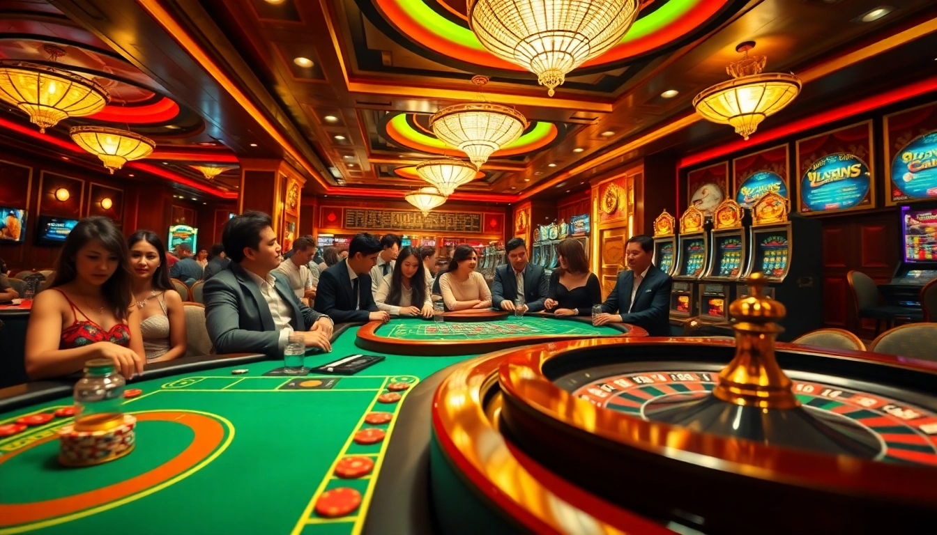 Exciting scene at a casino featuring the Top 10 nhà cái uy tín with players engaged in poker and roulette games.