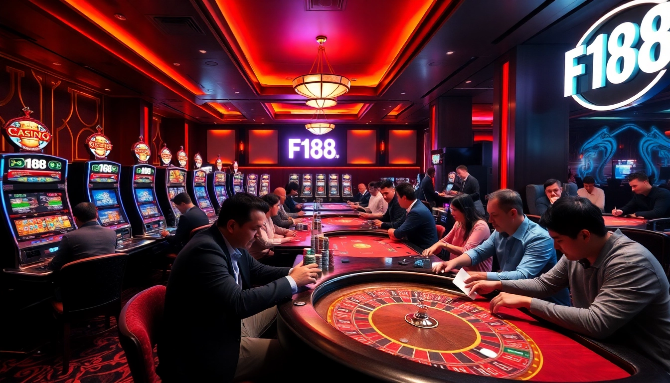 Experience the thrill of gaming at F168 Casino, featuring exciting tables, vibrant slots, and engaging players.