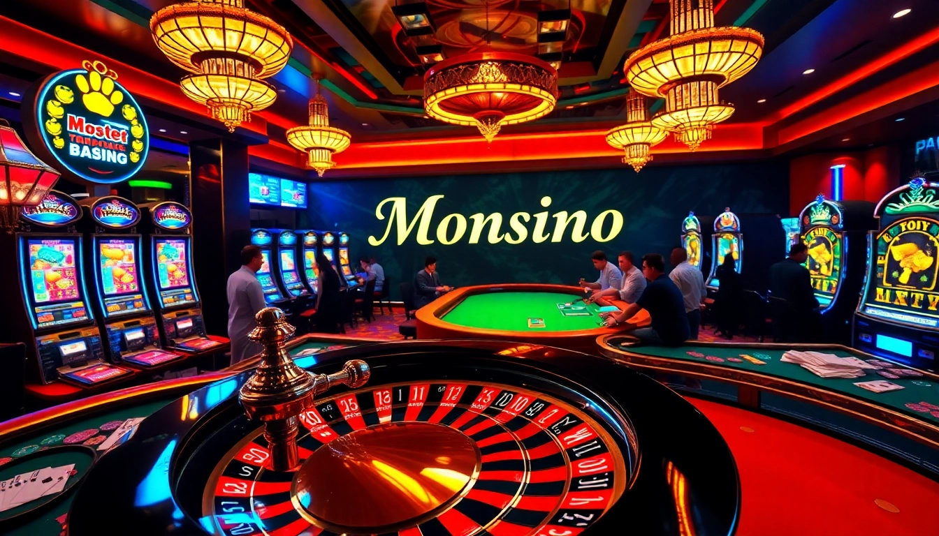 Monsino Casino vibrant scene featuring players at roulette and slot machines celebrating wins.