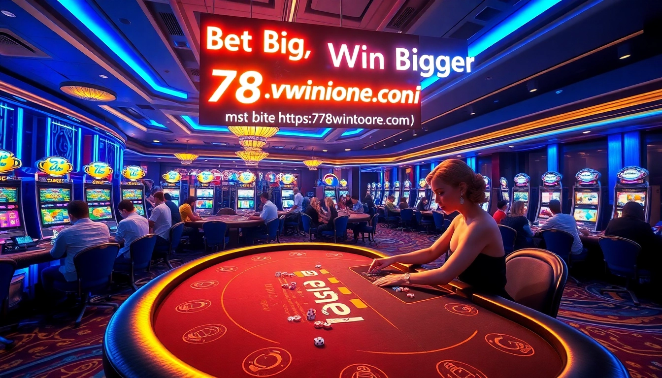 A thrilling casino game scene at https://78winone.com/ featuring intense poker action and neon lights.