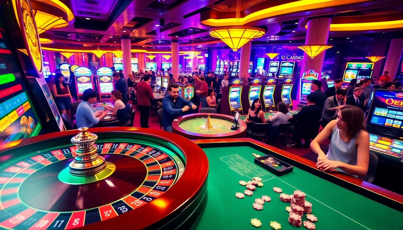 Experience the thrilling atmosphere at U 888 Casino, featuring exciting slot machines, poker tables, and a vibrant roulette wheel.