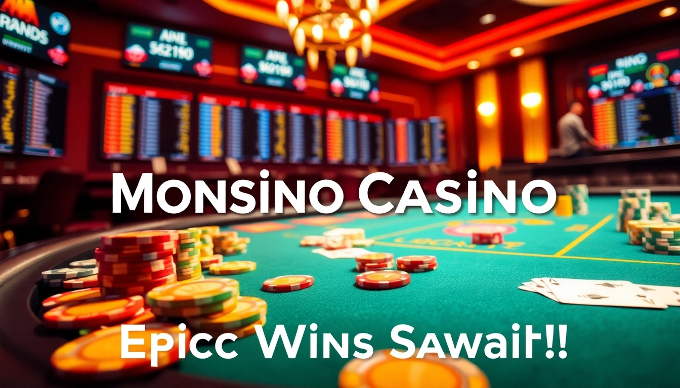 Enhance your gaming experience at Monsino Casino with vibrant imagery of a high-stakes poker setup.