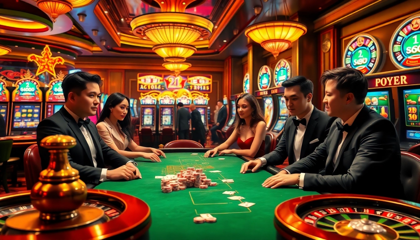Explore top nhà cái uy tín at a glamorous casino scene with players at a blackjack table.