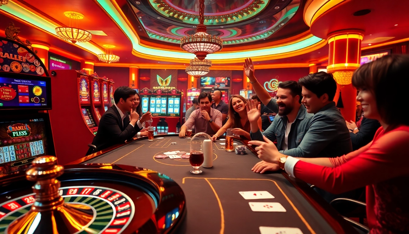 Exciting casino scene at bj88 com showcasing players at vibrant roulette and poker tables.