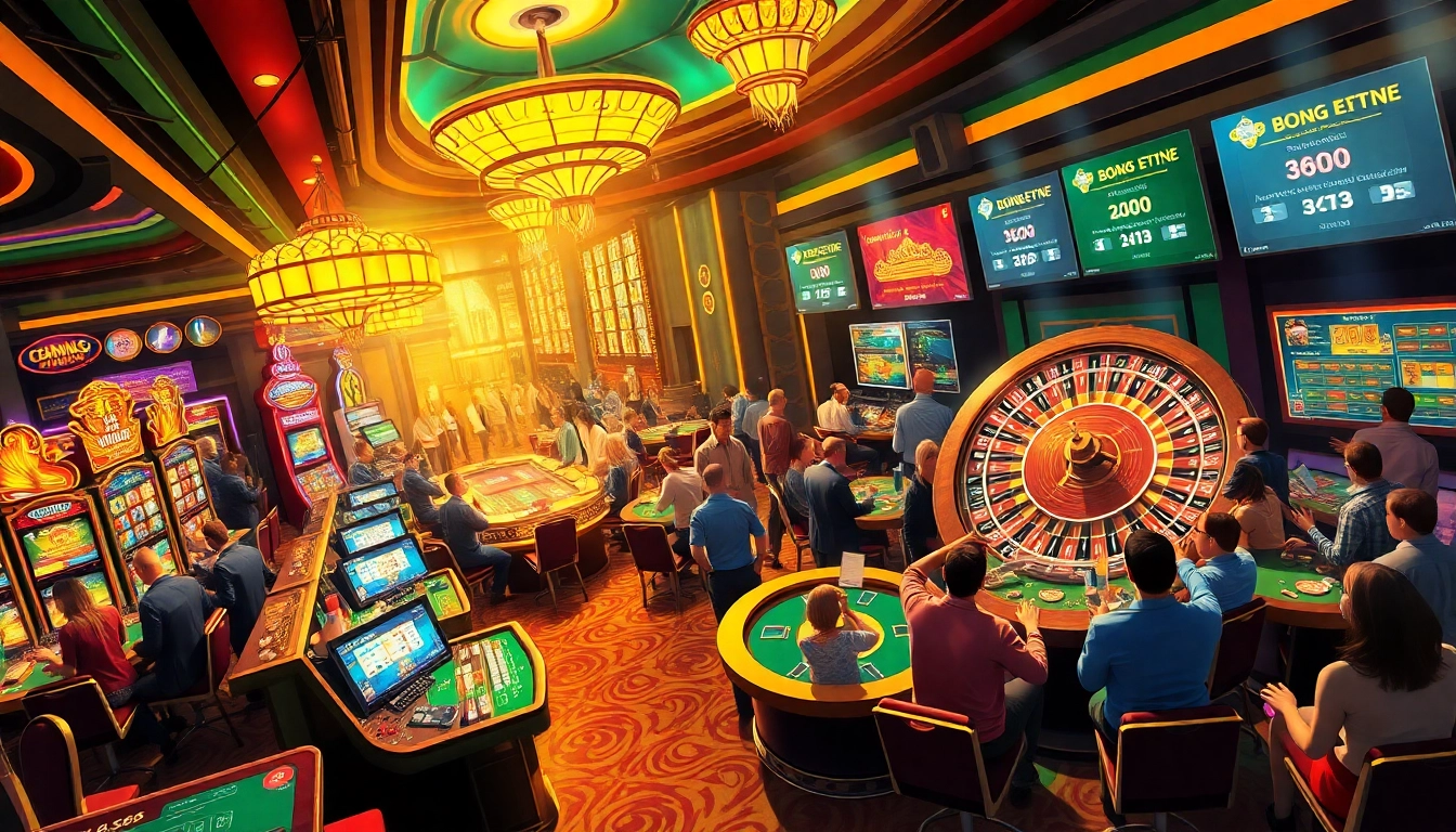 Engaging players in thrilling "bong da lu fun" at vibrant casino tables with slot machines and roulette wheels.