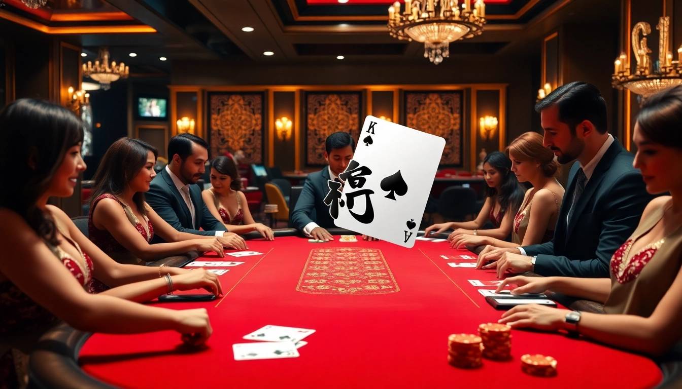 Engage in a thrilling เสือมังกร game at a vibrant casino table filled with focused players and elegant decor.