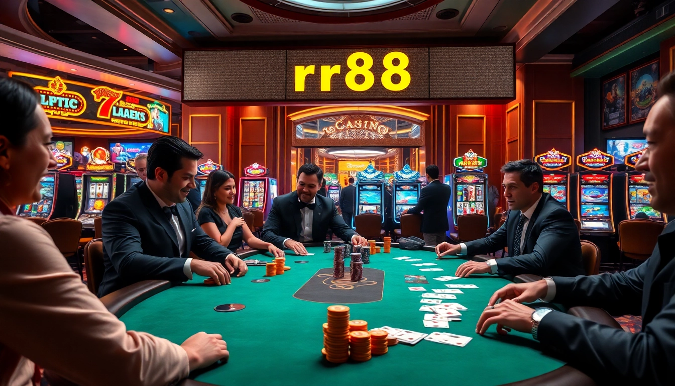 The rr88 link showcases players enjoying a thrilling poker game in an upscale casino, surrounded by vibrant slot machines and lively gameplay.