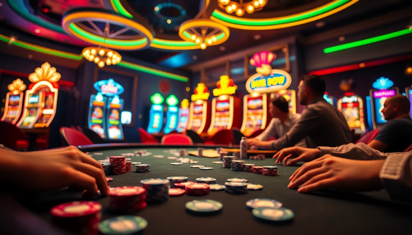 Experience the thrill of online betting at trang chủ qh88 with vibrant casino scenes showcasing poker tables and engaging players.