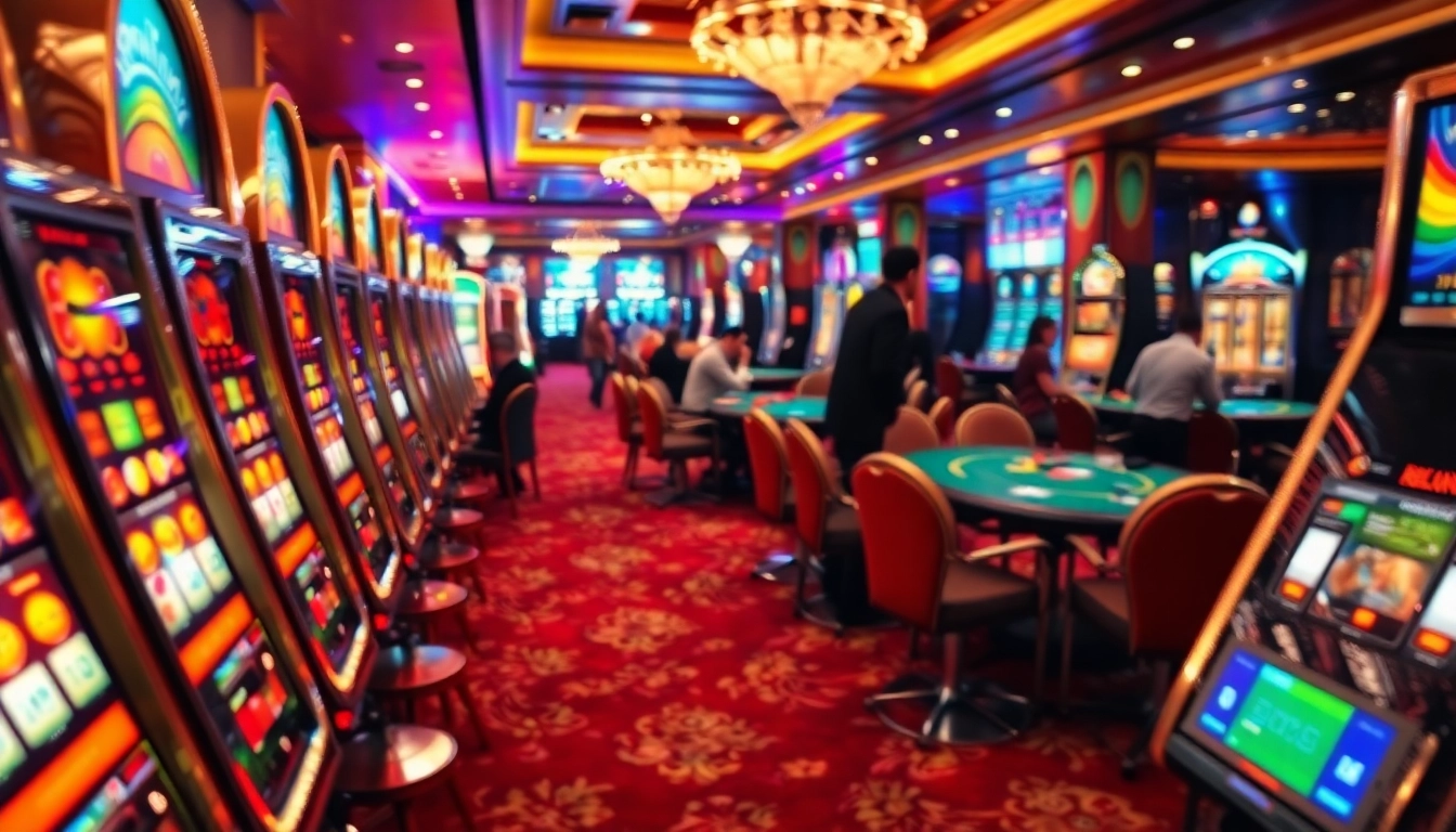 Experience the thrill of the game nổ hũ at our vibrant casino with slot machines and excited players.