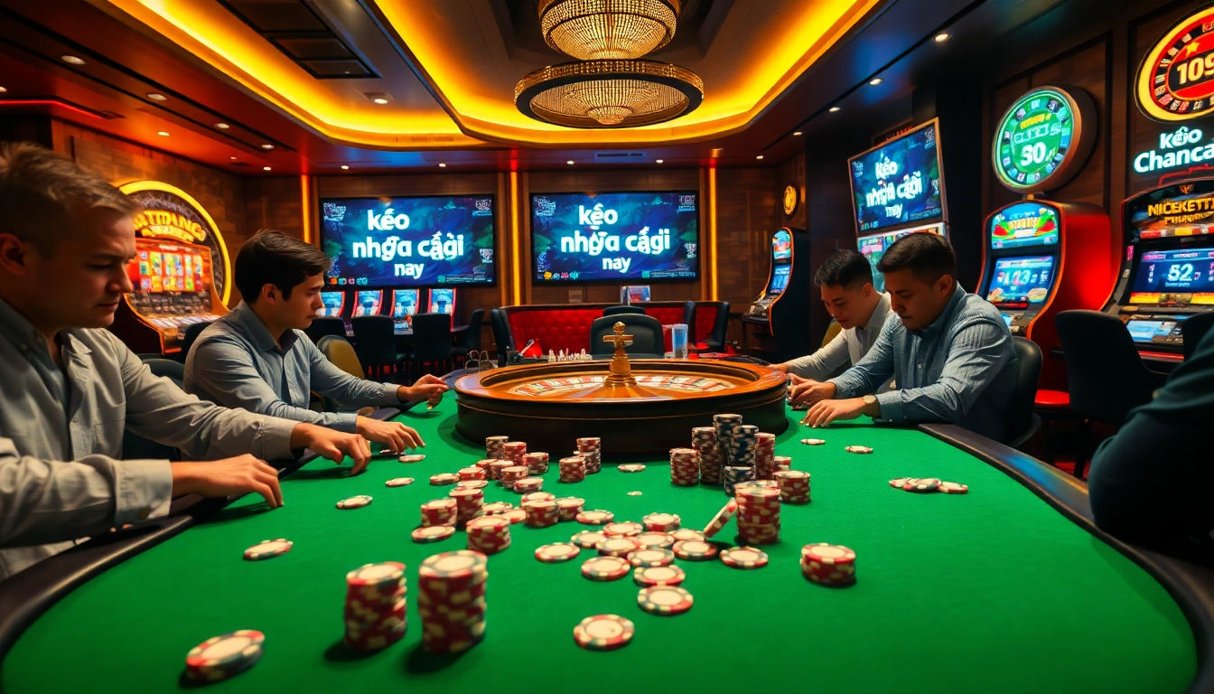Intently focused players at a poker table while checking kèo nhà cái hôm nay for betting insights.
