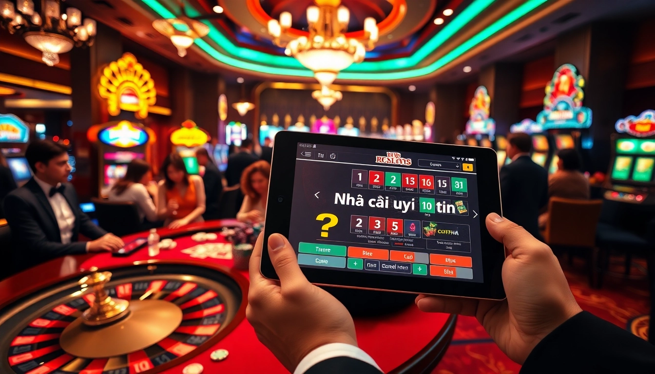 Experience the excitement of Nhà cái uy tín as players engage at a glamorous casino roulette table, surrounded by vibrant gaming elements.