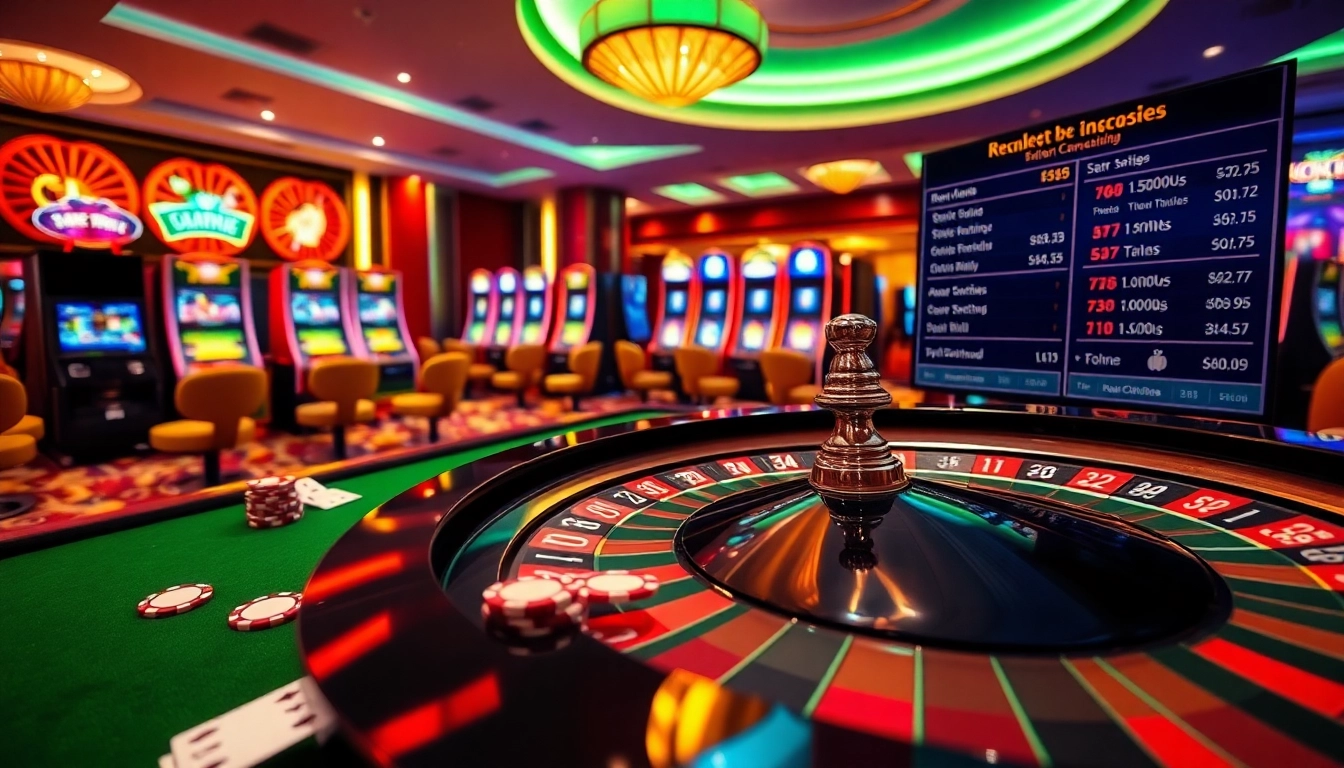 Experience keonhacai betting excitement at a luxurious casino with vibrant roulette and slot machines.