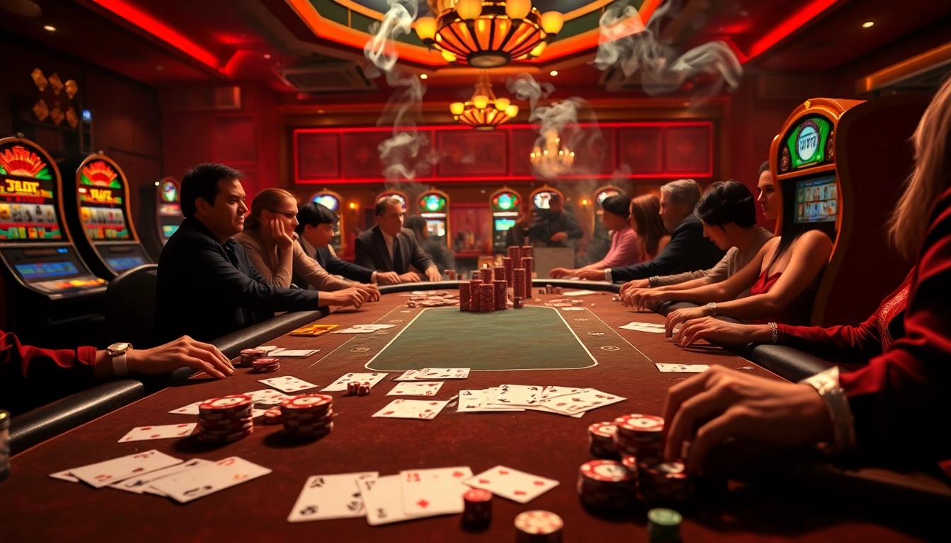 Experience the thrill at a poker table showcasing players and chips at https://69vn.me.uk/, capturing casino excitement vividly.