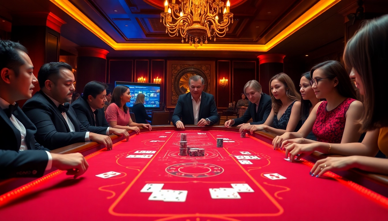 Dynamic image of an upscale casino table featuring เสือมังกร, vibrant atmosphere, with players eagerly placing bets and high-stakes excitement.