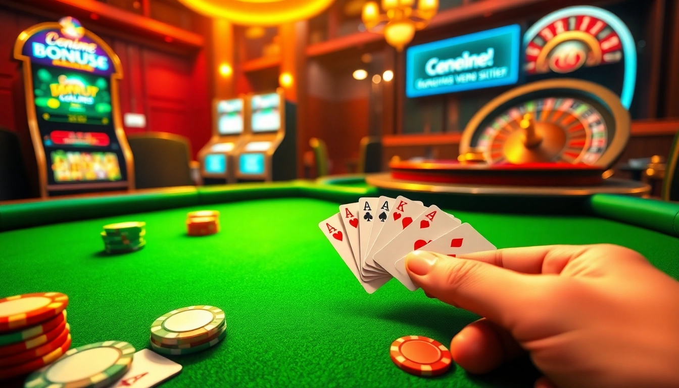 Deneme bonusu veren siteler inspire a lively casino scene with poker chips and glowing slot machines.