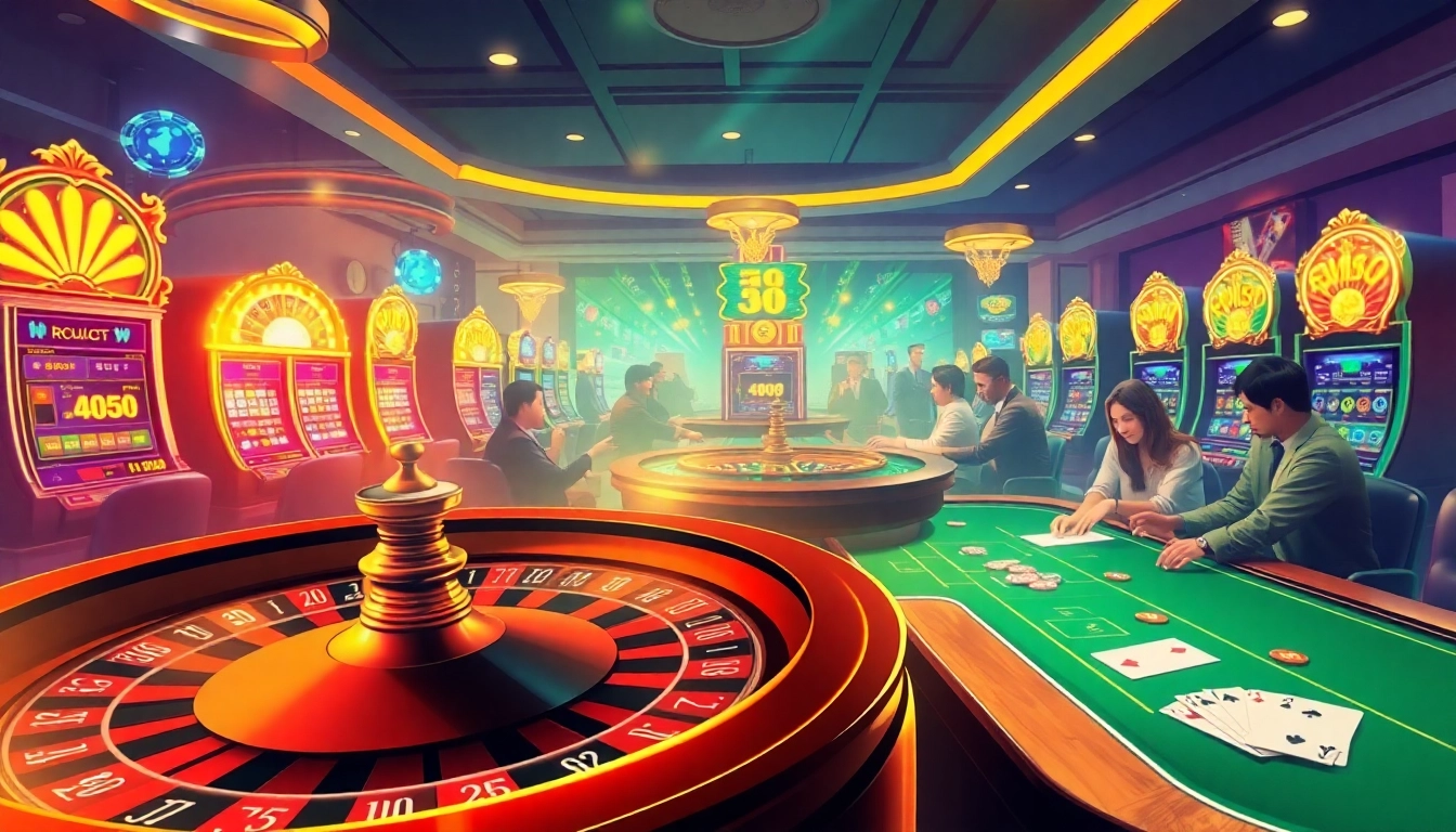 Explore exciting gameplay at https://hb88bet.biz/ with players enjoying roulette and poker, capturing high energy in a sleek casino scene.
