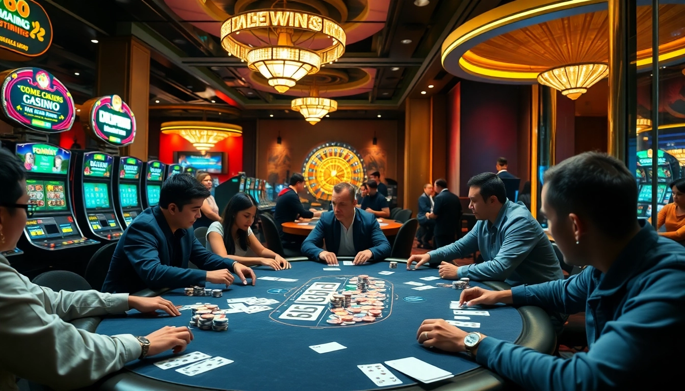 Experience the excitement of gambling at https://hb88bet.biz/ with players enjoying intense poker games amidst sparkling casino lights.