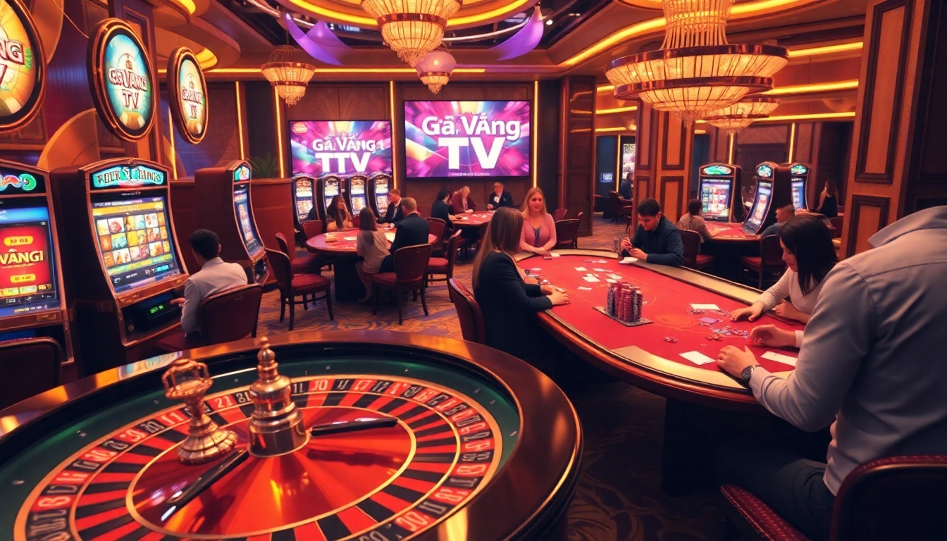 Gà Vàng TV showcases a bustling casino with players at roulette and lively slot machines.