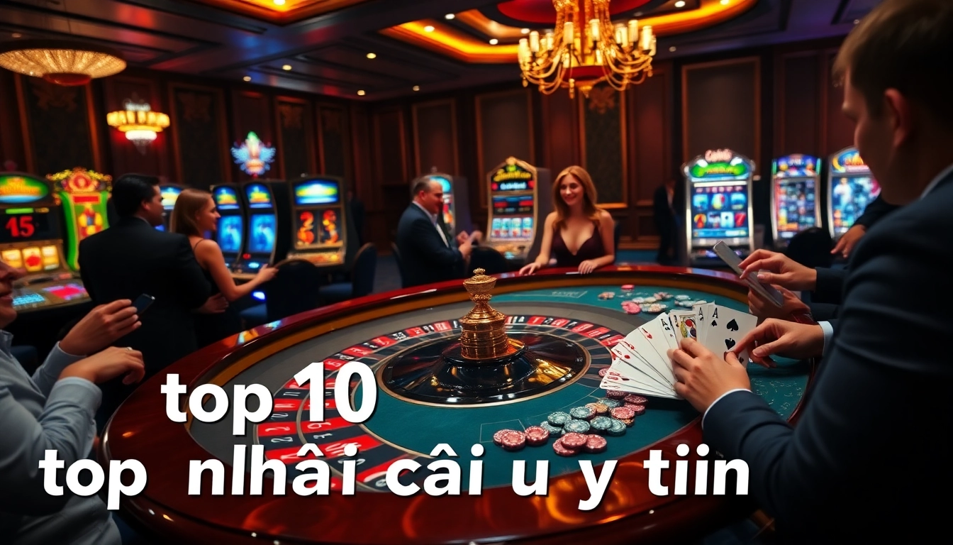 Exciting casino scene highlighting top 10 nhà cái uy tín with players at roulette and poker tables.