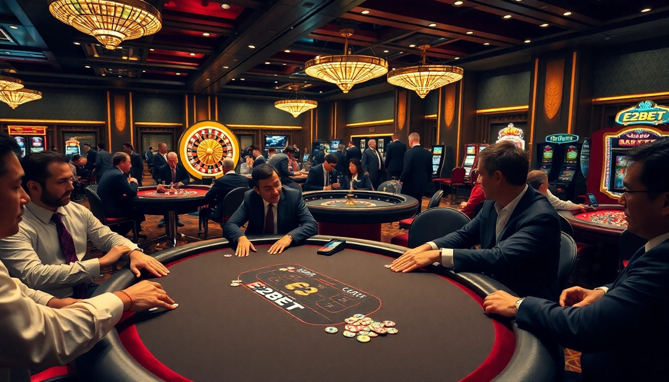 E2BET poker table with players enjoying an exciting game at the casino, surrounded by vibrant colors and lively atmosphere.