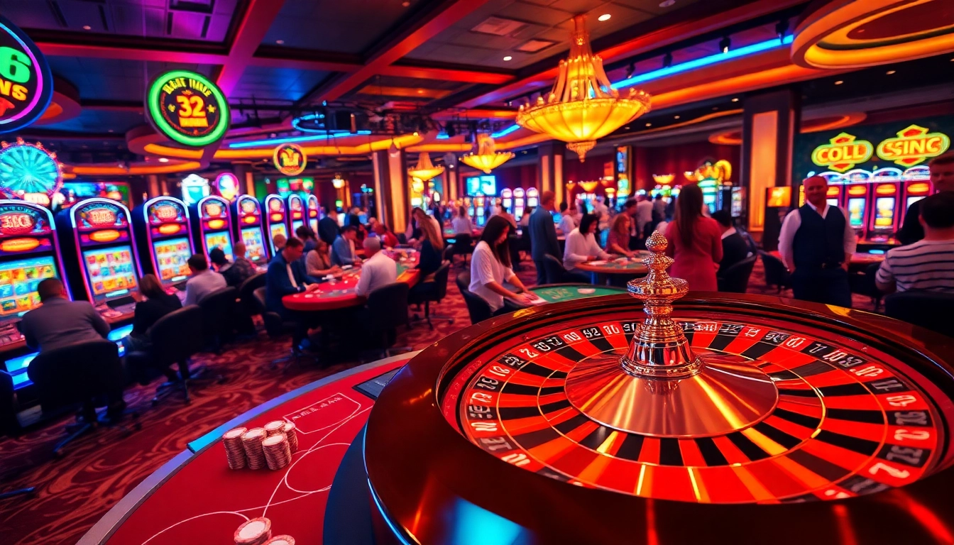 Casino players enjoying an exciting game at https://32win.army/, surrounded by slot machines and glamourous roulette wheels.