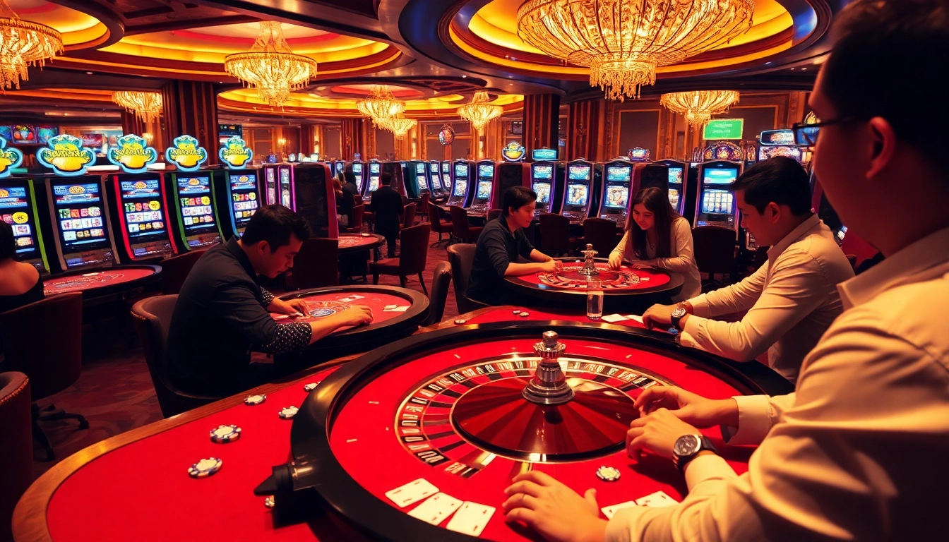 Players engaging in kèo nhà cái at lively casino tables with chips flying and excitement buzzing.