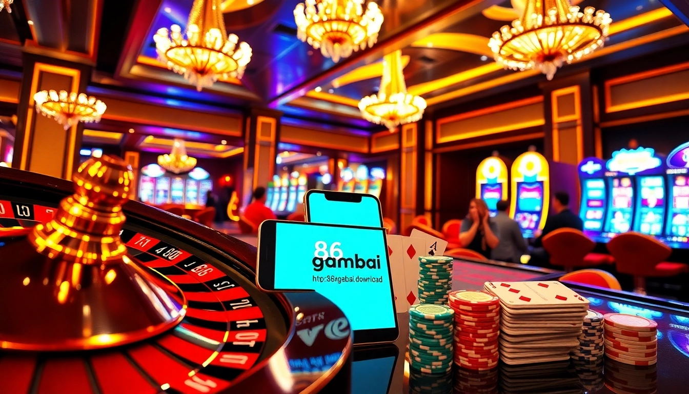 Experience the thrill of gambling with https://68gamebai.download/ showcasing a vibrant casino filled with poker chips and roulette wheels.