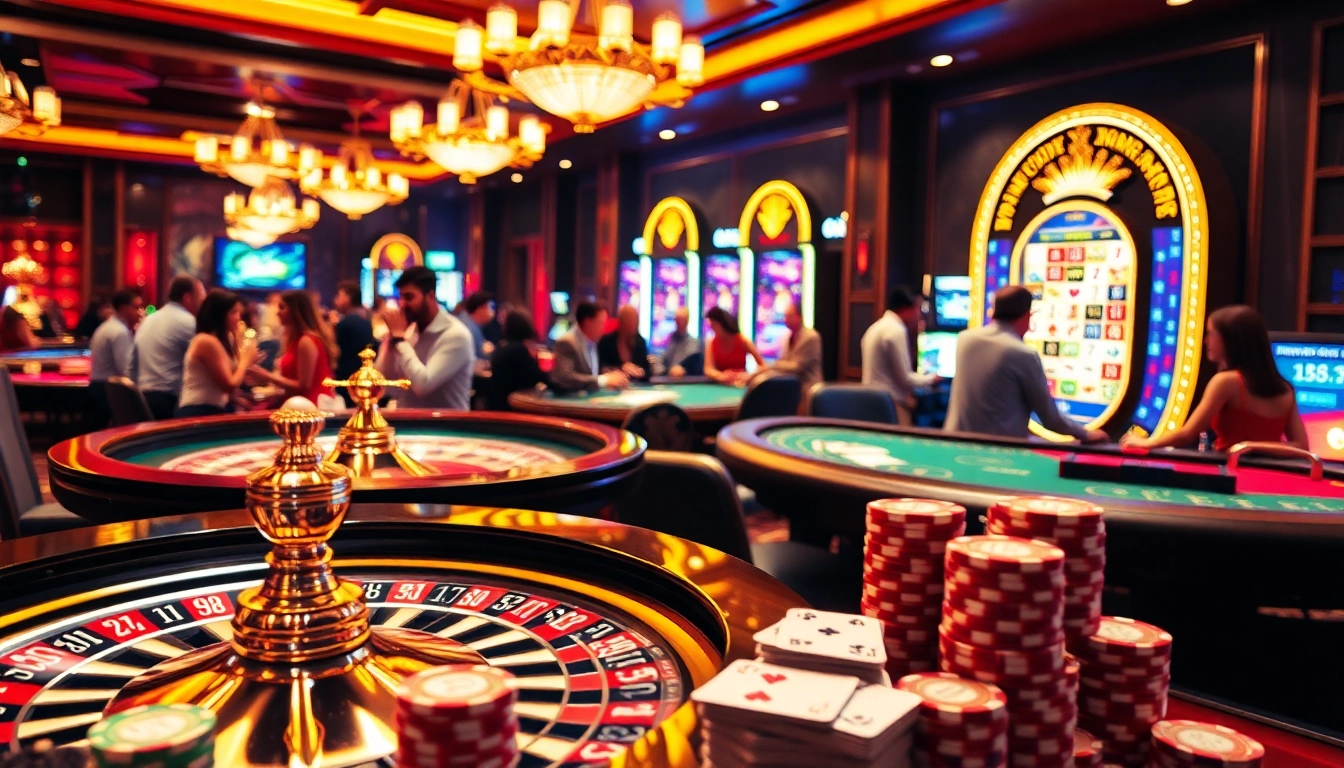 Exciting casino scene showcasing players at nhà cái kubet tables with vibrant roulette wheels and poker chips.