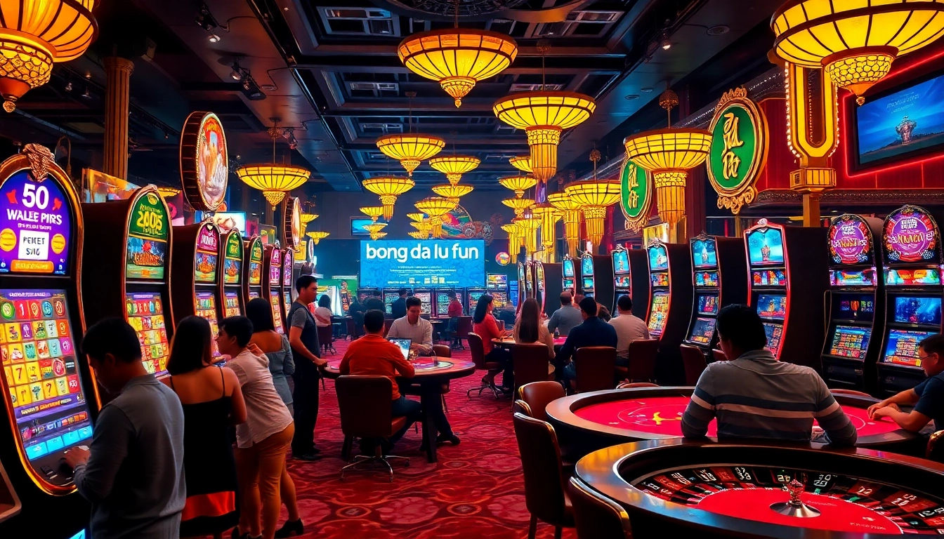 Experience the thrill of gambling at its finest with Bong Da Lu Fun, showcasing vibrant slot machines and poker tables.