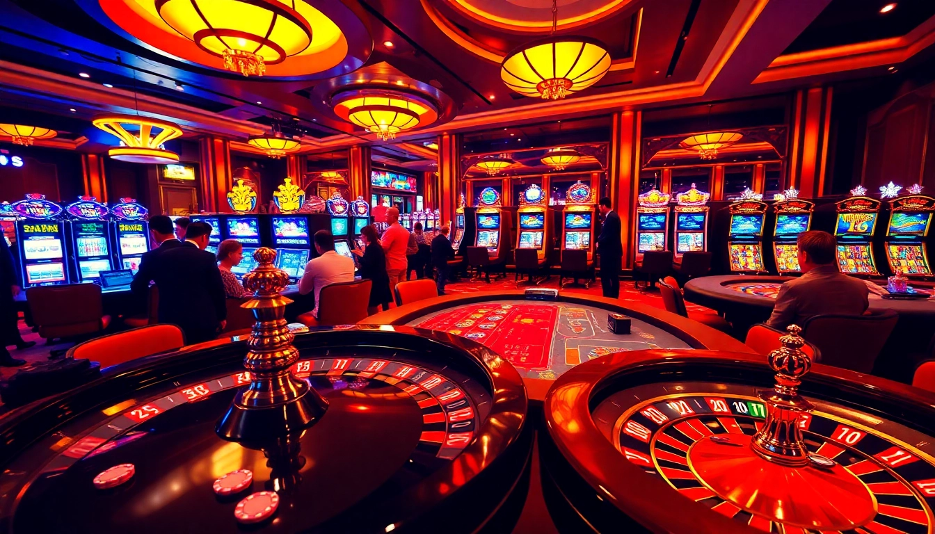 Experience the thrill of the top 10 game bài đổi thưởng with players enjoying classic casino games and vibrant slot machines.