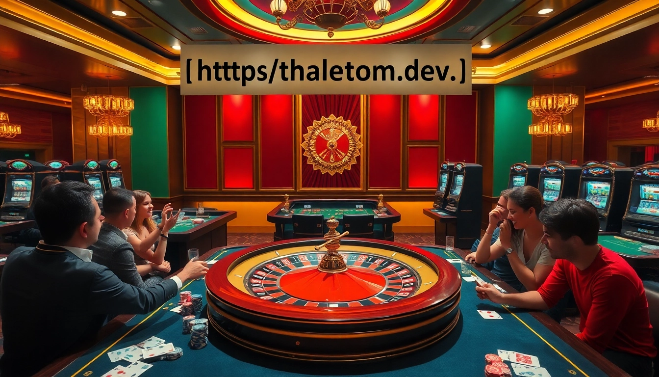 Excited players at a luxurious casino table with the vibrant action of gambling and a banner for https://thabetcom.dev/.